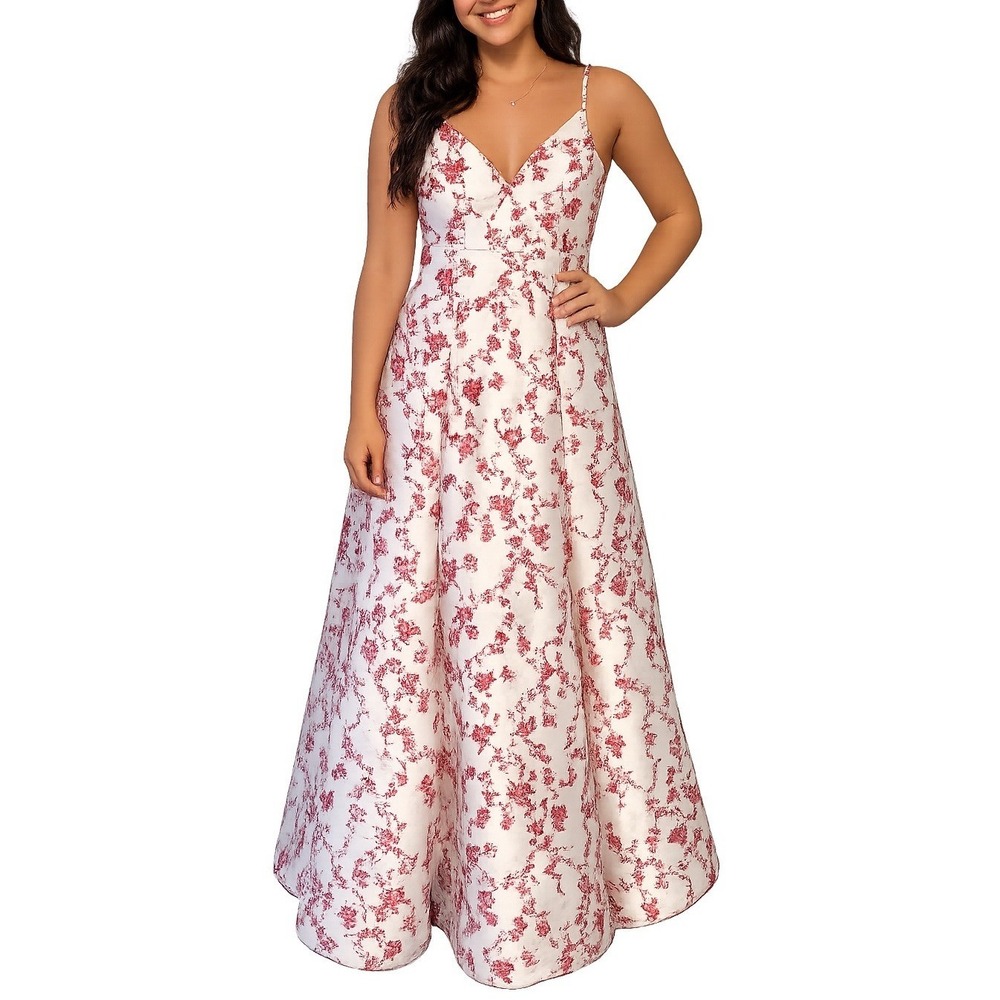 NEW Windsor Prom Long Satin Formal Dress Red Floral V neck Juniors 13/14